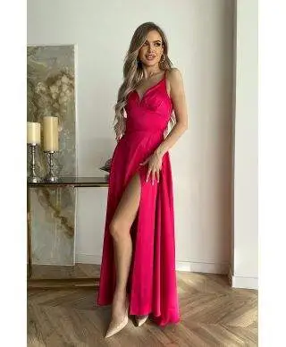 Vestito da cerimonia - In raso - Fuxia - Vestiti da cerimonia con spacco - Gogolfun.it
