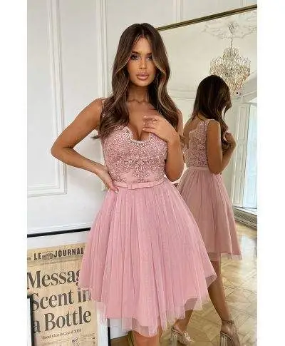 Abito corto elegante - In Tulle – Rosa antico - Vestiti corti eleganti - Vestiti rosa - Gogolfun.it