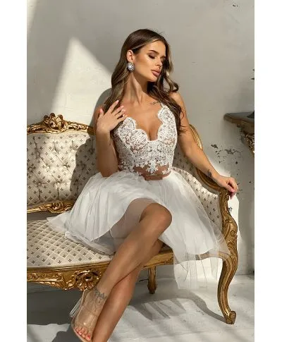 Abito corto elegante - In Tulle – Ecru - bianco - Vestiti bianchi matrimonio civile - Gogoflun.it