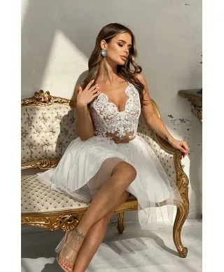 Abito corto elegante - In Tulle – Ecru - bianco - Vestiti bianchi matrimonio civile - Gogoflun.it