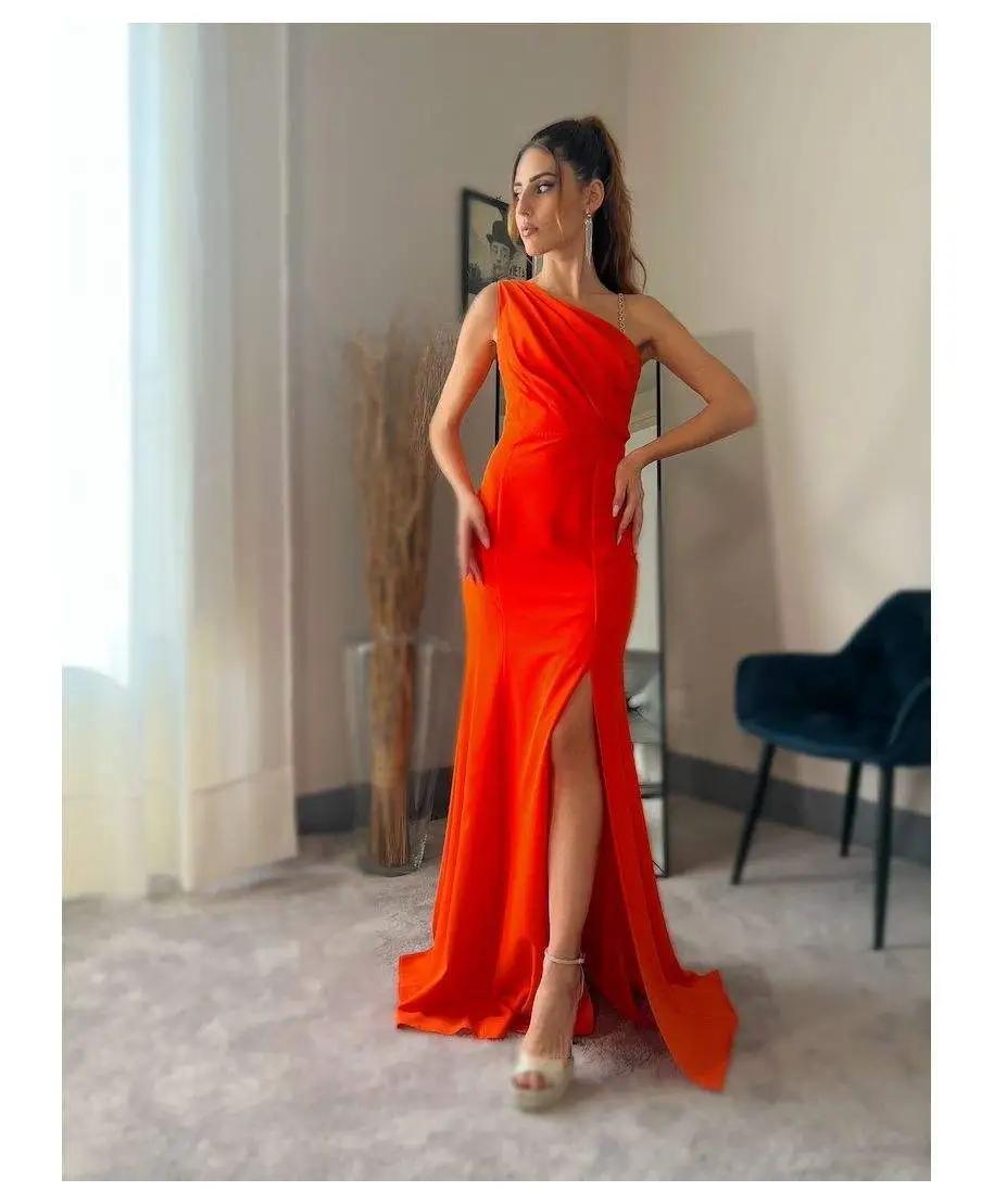 Vestito da cerimonia - Lungo - Monospalla - Arancione - Abiti da cerimonia - Gogolfun.it