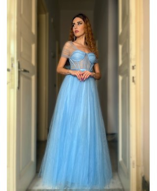 Vestito lungo elegante, azzurro - In tulle