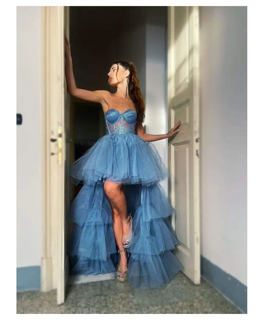 Vestito elegante donna - Hura - Vestito azzurro - Vestiti con coda staccabile - Cerimonia gogolfun.it