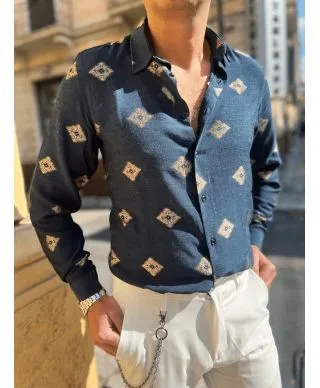 Camicia fantasia - Blu - Maniche lunghe