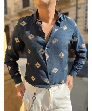Camicia fantasia - Blu - Maniche lunghe