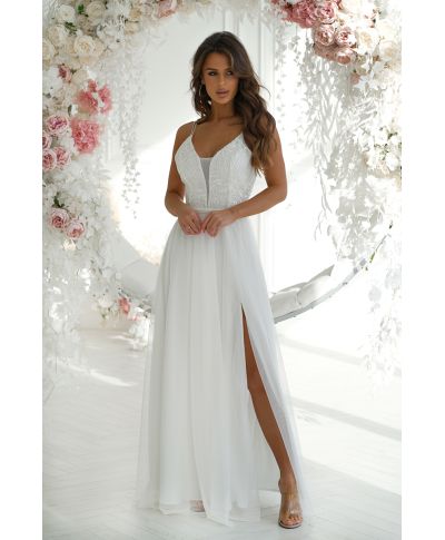 Abito Lungo Bianco - Gonna in Tulle - Spalline Sottili – Corpetto Ricamato e Schiena Scoperta - Nefeli - gogolfun.it