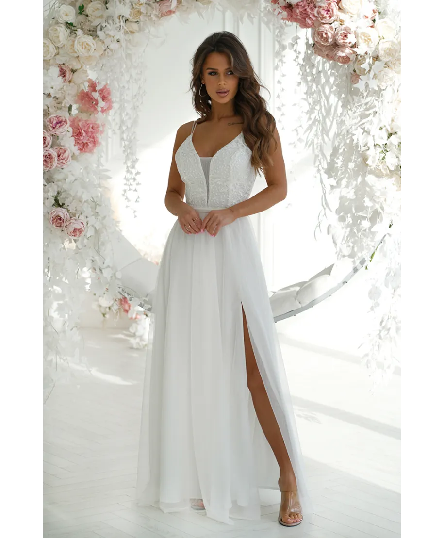 Abito Lungo Bianco - Gonna in Tulle - Spalline Sottili – Corpetto Ricamato e Schiena Scoperta - Nefeli - gogolfun.it