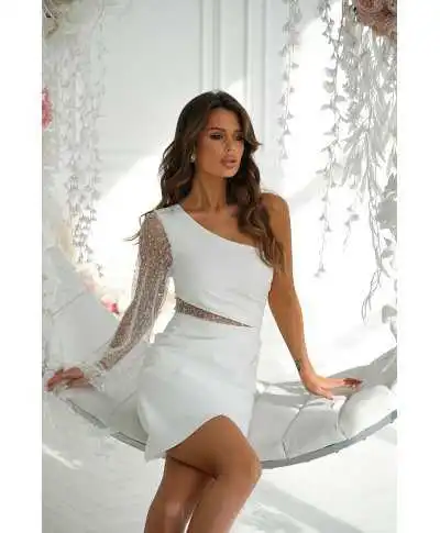 Vestito corto bianco - Tubino mono spalla - Vestiti bianchi - Matrimonio civile - Gogolfun.it