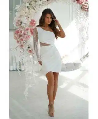 Vestito corto bianco - Tubino mono spalla - Vestiti bianchi - Matrimonio civile - Gogolfun.it