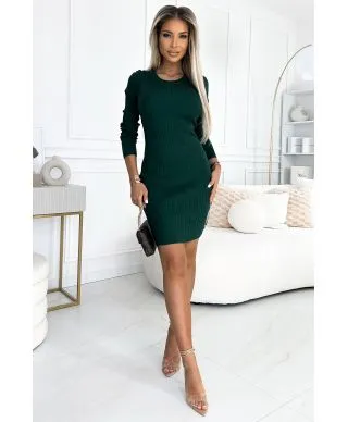  532-3 Sweterkowa wygodna sukienka z koronką na plecach - ZIELONA 