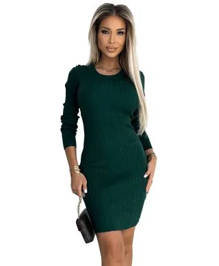  532-3 Sweterkowa wygodna sukienka z koronką na plecach - ZIELONA 