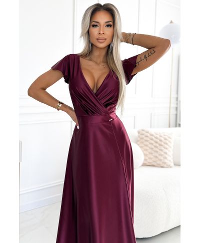 Abito lungo bordeaux da cerimonia con manichette - Crystal - gogolfun.it