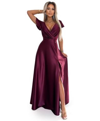  411-10 CRYSTAL satynowa długa suknia z dekoltem - BORDOWA 