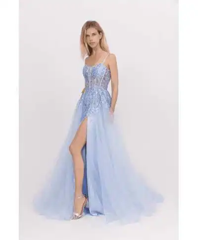 Abito da cerimonia, azzurro - Corpetto lavorato - Abito con spacco - Cerimonia donna - Gogolfun.it