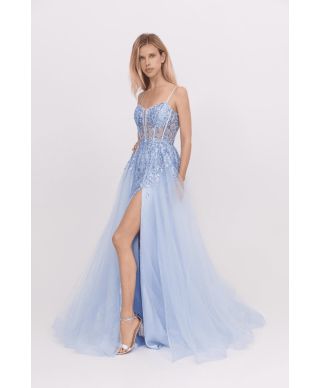 Abito da cerimonia, azzurro - Corpetto lavorato - Abito con spacco - Cerimonia donna - Gogolfun.it