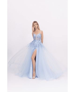 Abito da cerimonia, azzurro - Corpetto lavorato - Abito con spacco - Vestiti 18 compleanno - Gogolfun.it