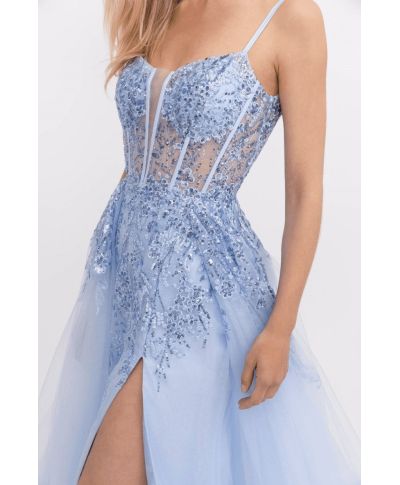 Abito da cerimonia, azzurro - Corpetto lavorato - Abito con spacco - Cerimonia donna - Gogolfun.it