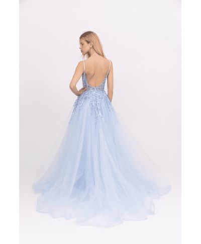 Abito da cerimonia, azzurro - Corpetto lavorato - Abito con spacco - Cerimonia donna - Gogolfun.it