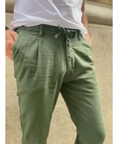 Pantaloni misto lino, verde militare - Key Jey