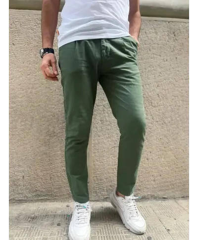 Pantaloni misto lino, verde militare - Key Jey