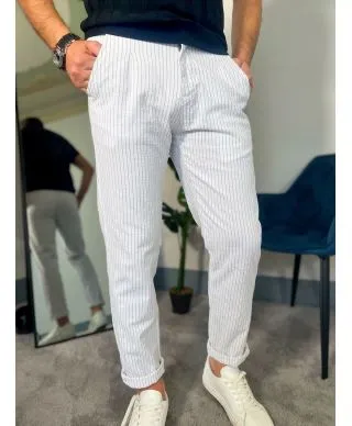 Pantaloni bianchi uomo, riga blu