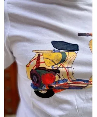 T shirt uomo, bianca con stampa ed inserti tessuto
