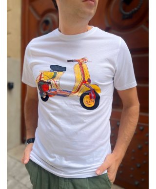 T shirt uomo, bianca con stampa vespa ed inserti tessuto