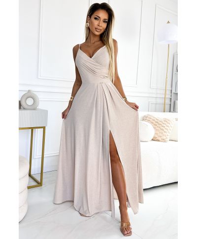 Abito lungo da cerimonia beige con delicati riflessi broccati – Chiara - gogolfun.it