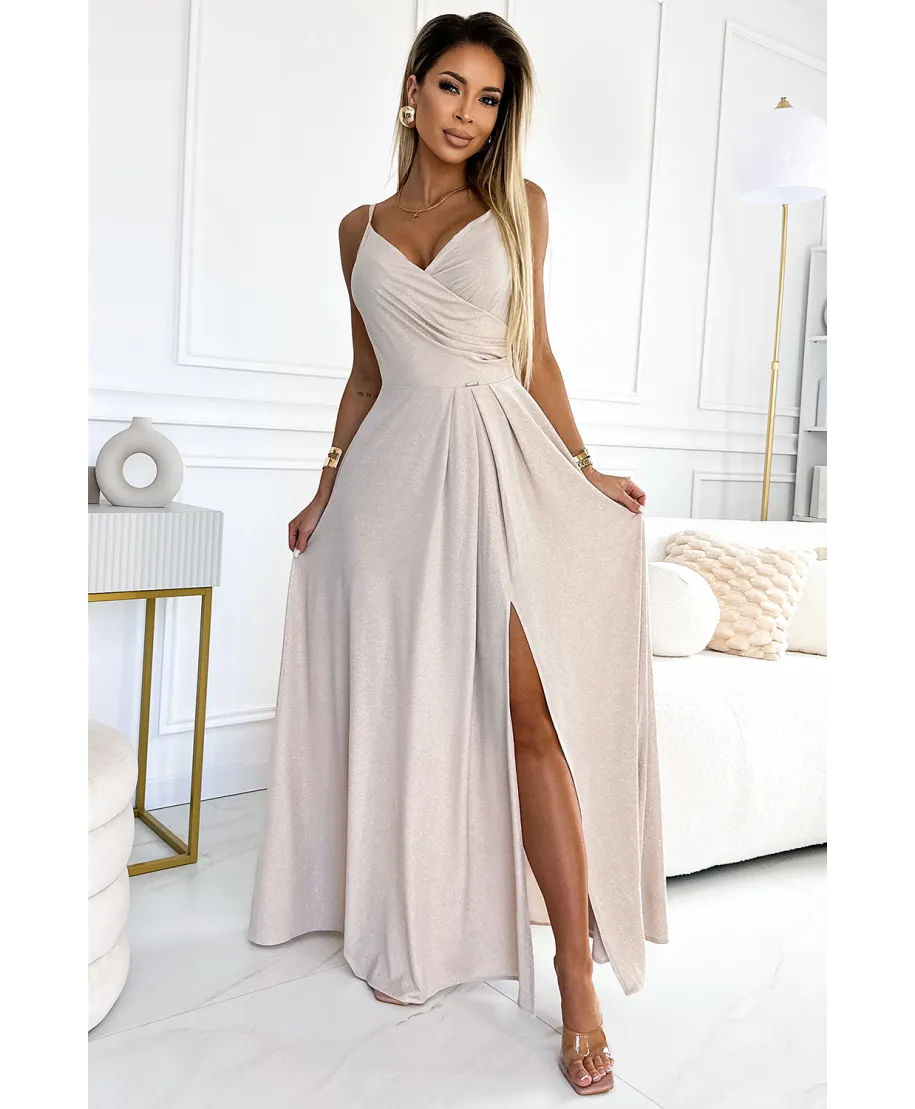 Abito lungo da cerimonia beige con delicati riflessi broccati – Chiara - gogolfun.it