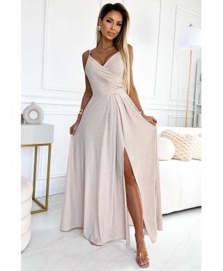 Abito lungo da cerimonia beige con delicati riflessi broccati – Chiara - gogolfun.it