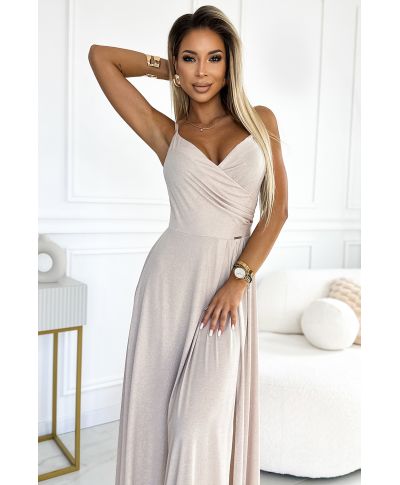 Abito lungo da cerimonia beige con delicati riflessi broccati – Chiara - gogolfun.it