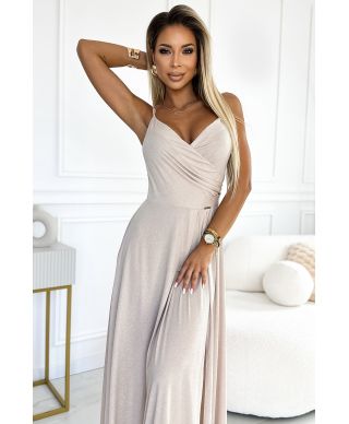 299-15 CHIARA elegancka maxi długa suknia na ramiączkach - BEŻOWA Z BROKATEM 