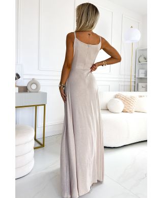  299-15 CHIARA elegancka maxi długa suknia na ramiączkach - BEŻOWA Z BROKATEM 