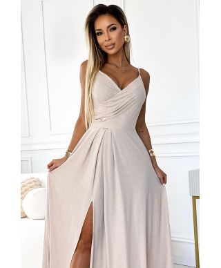  299-15 CHIARA elegancka maxi długa suknia na ramiączkach - BEŻOWA Z BROKATEM 