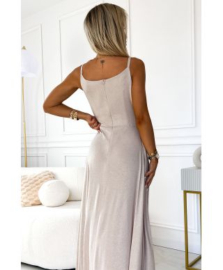  299-15 CHIARA elegancka maxi długa suknia na ramiączkach - BEŻOWA Z BROKATEM 