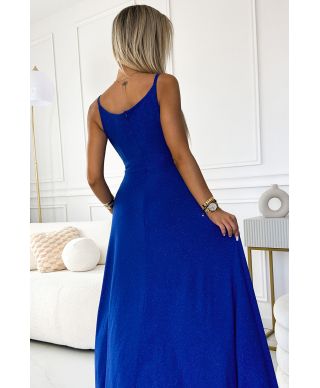  299-17 CHIARA elegancka maxi długa suknia na ramiączkach - CHABROWA Z BROKATEM 