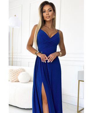  299-17 CHIARA elegancka maxi długa suknia na ramiączkach - CHABROWA Z BROKATEM 