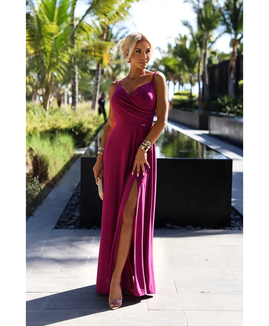 Abito elegante da cerimonia fucsia con spalline sottili e gonna ampia – Chiara - gogolfun.it