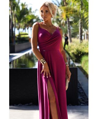  299-19 CHIARA elegancka maxi długa suknia na ramiączkach - FUKSJA Z BROKATEM 