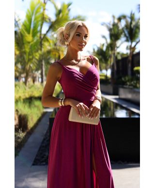  299-19 CHIARA elegancka maxi długa suknia na ramiączkach - FUKSJA Z BROKATEM 