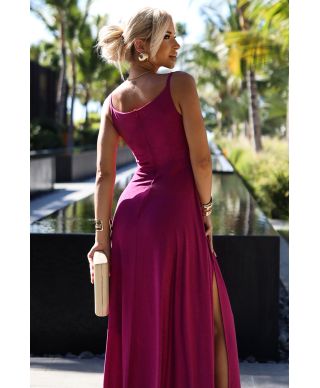  299-19 CHIARA elegancka maxi długa suknia na ramiączkach - FUKSJA Z BROKATEM 