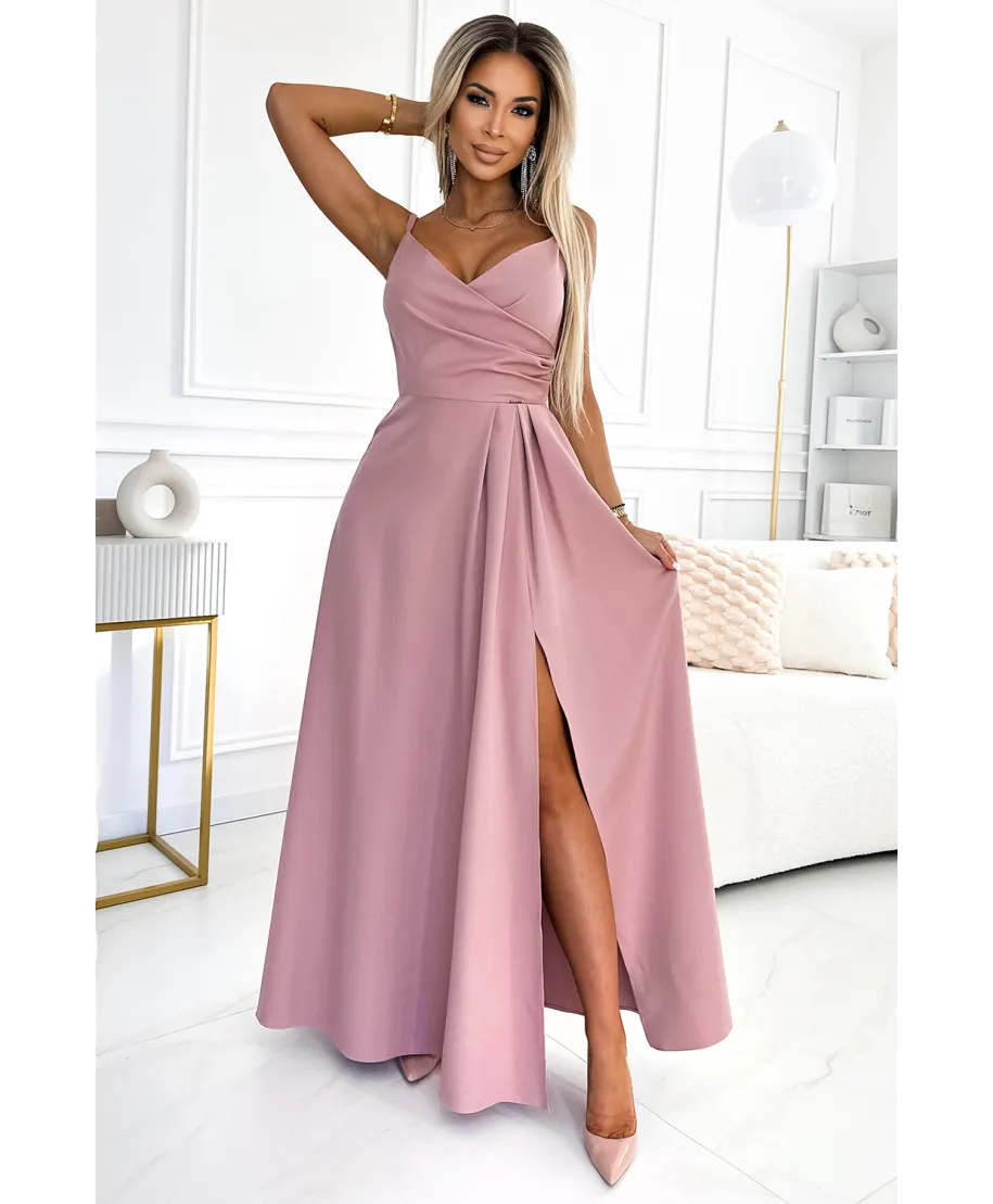 299-16 CHIARA elegancka maxi długa suknia na ramiączkach - BRUDNY RÓŻ 299-16 CHIARA elegancka maxi długa suknia na ramiączkach - BRUDNY RÓŻ