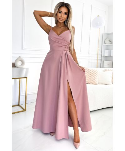 Abito lungo da cerimonia rosa antico con spacco e scollo sagomato – Chiara - gogolfun.it