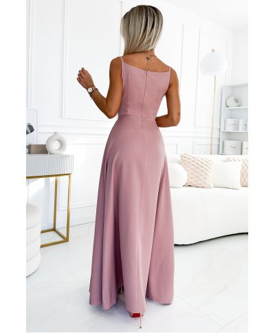 Abito lungo da cerimonia rosa antico con spacco e scollo sagomato – Chiara - gogolfun.it