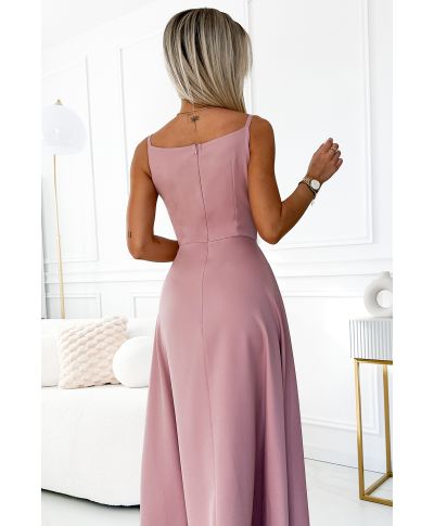 Abito lungo da cerimonia rosa antico con spacco e scollo sagomato – Chiara - gogolfun.it