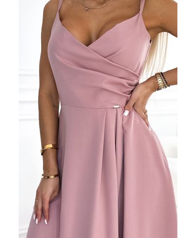 Abito lungo da cerimonia rosa antico con spacco e scollo sagomato – Chiara - gogolfun.it