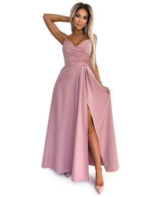  299-16 CHIARA elegancka maxi długa suknia na ramiączkach - BRUDNY RÓŻ 