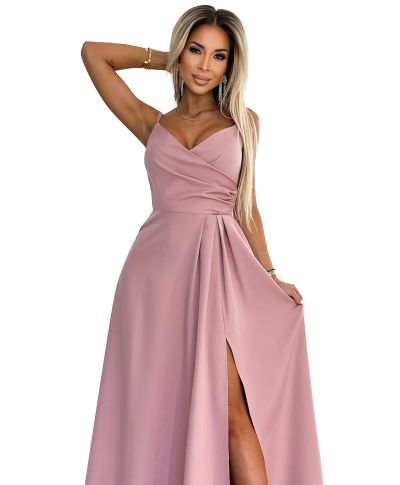 Abito lungo da cerimonia rosa antico con spacco e scollo sagomato – Chiara - gogolfun.it